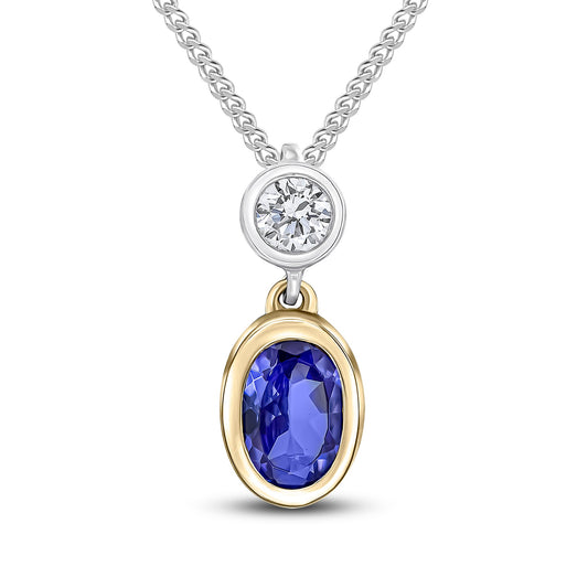 18ct Yellow and White Gold Oval Natural Tanzanite and Diamond Two Stone Pendant — 6x4mm