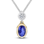 18ct Yellow and White Gold Oval Natural Tanzanite & Diamond Two Stone Rubover Slider Pendant — 6x4mm