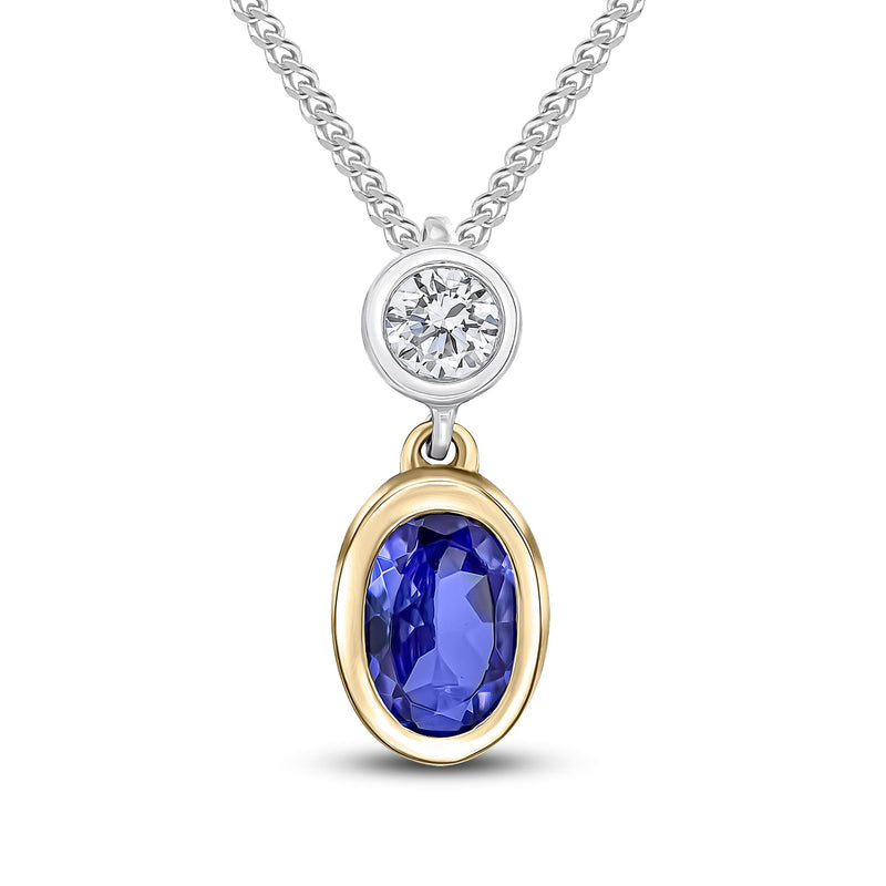 18ct Yellow and White Gold Oval Natural Tanzanite & Diamond Two Stone Rubover Slider Pendant — 6x4mm