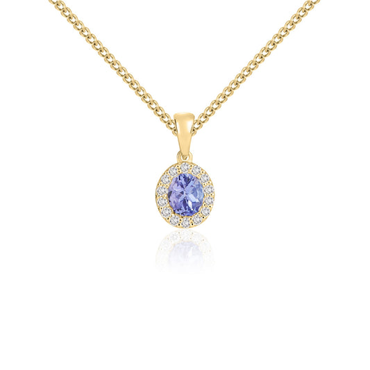 18ct Yellow Gold Oval Natural Tanzanite and Diamond Cluster Pendant — 5x4mm