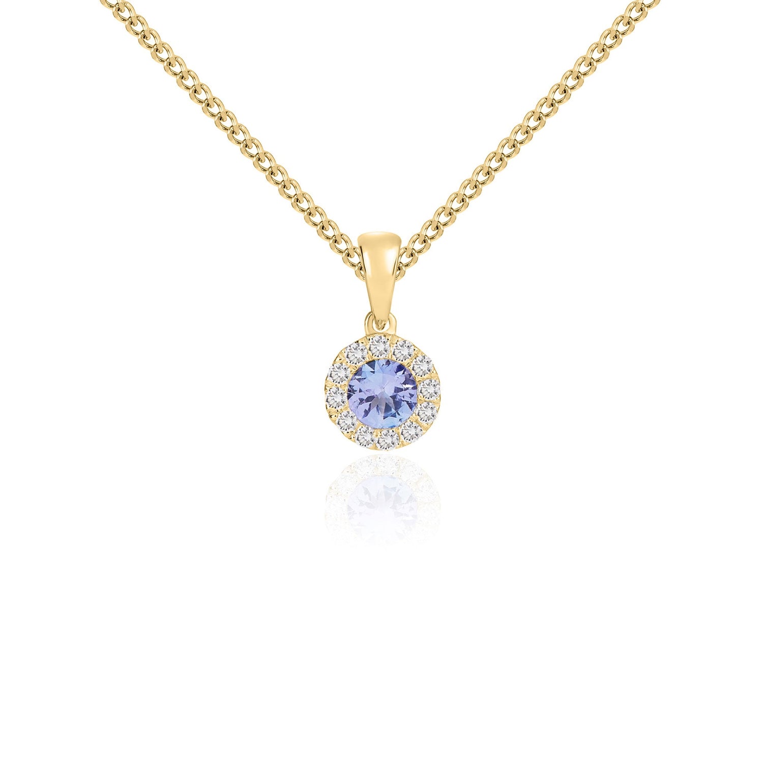 18ct Yellow Gold Round Natural Tanzanite and Diamond Cluster Pendant — 4mm