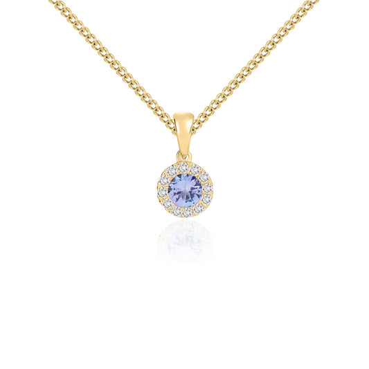 18ct Yellow Gold Round Natural Tanzanite and Diamond Cluster Pendant — 4mm