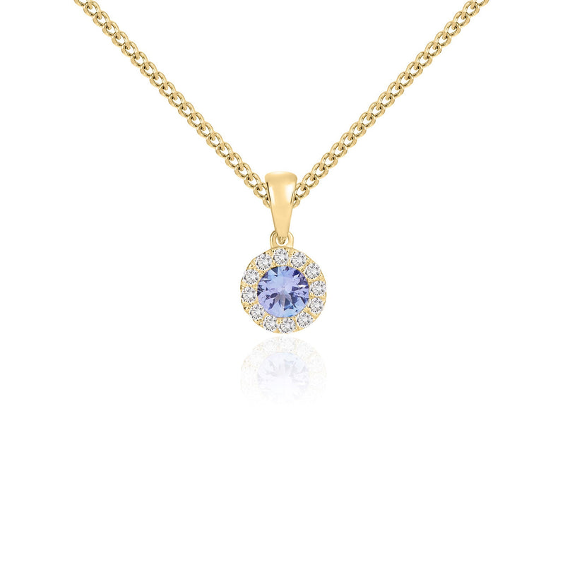 18ct Yellow Gold Round Natural Tanzanite & Diamond Microset Cluster Pendant — 4mm