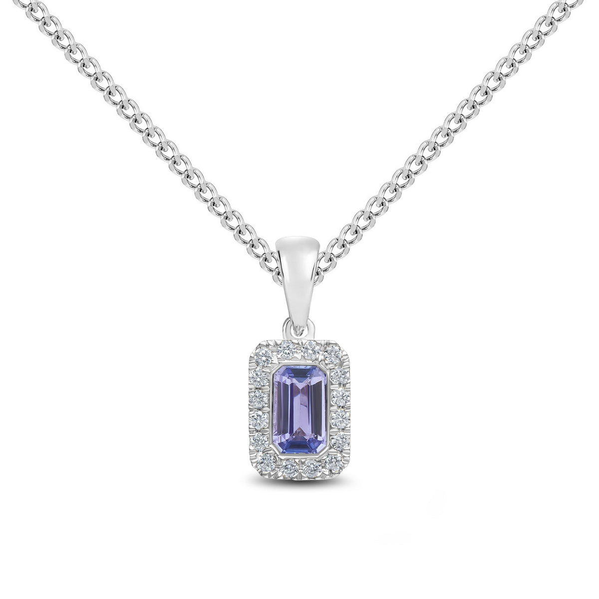 18ct White Gold Octagonal Natural Tanzanite & Diamond Microset Cluster Pendant — 5x3mm