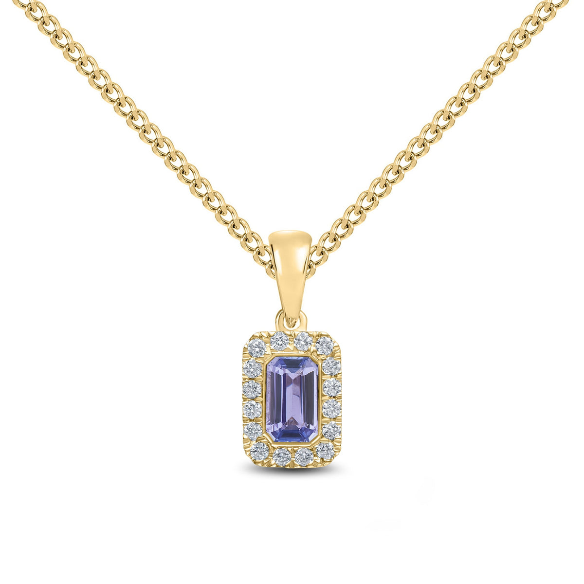 18ct Yellow Gold Octagonal Natural Tanzanite & Diamond Microset Cluster Pendant — 5x3mm