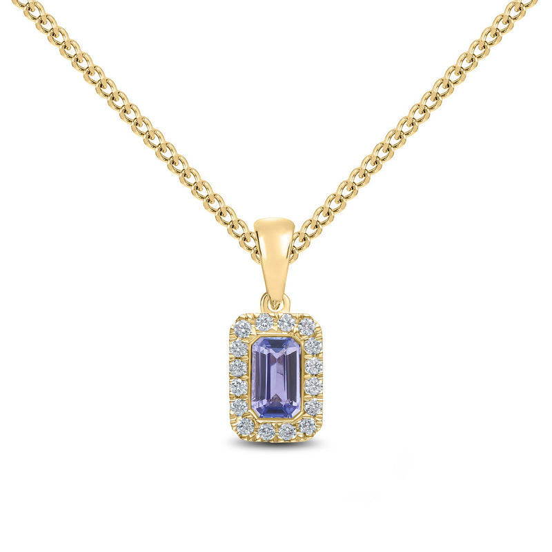 18ct Yellow Gold Octagonal Natural Tanzanite & Diamond Microset Cluster Pendant — 5x3mm