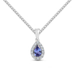 18ct White Gold Pear Shaped Natural Tanzanite & Diamond Microset Cluster Pendant — 6x4mm