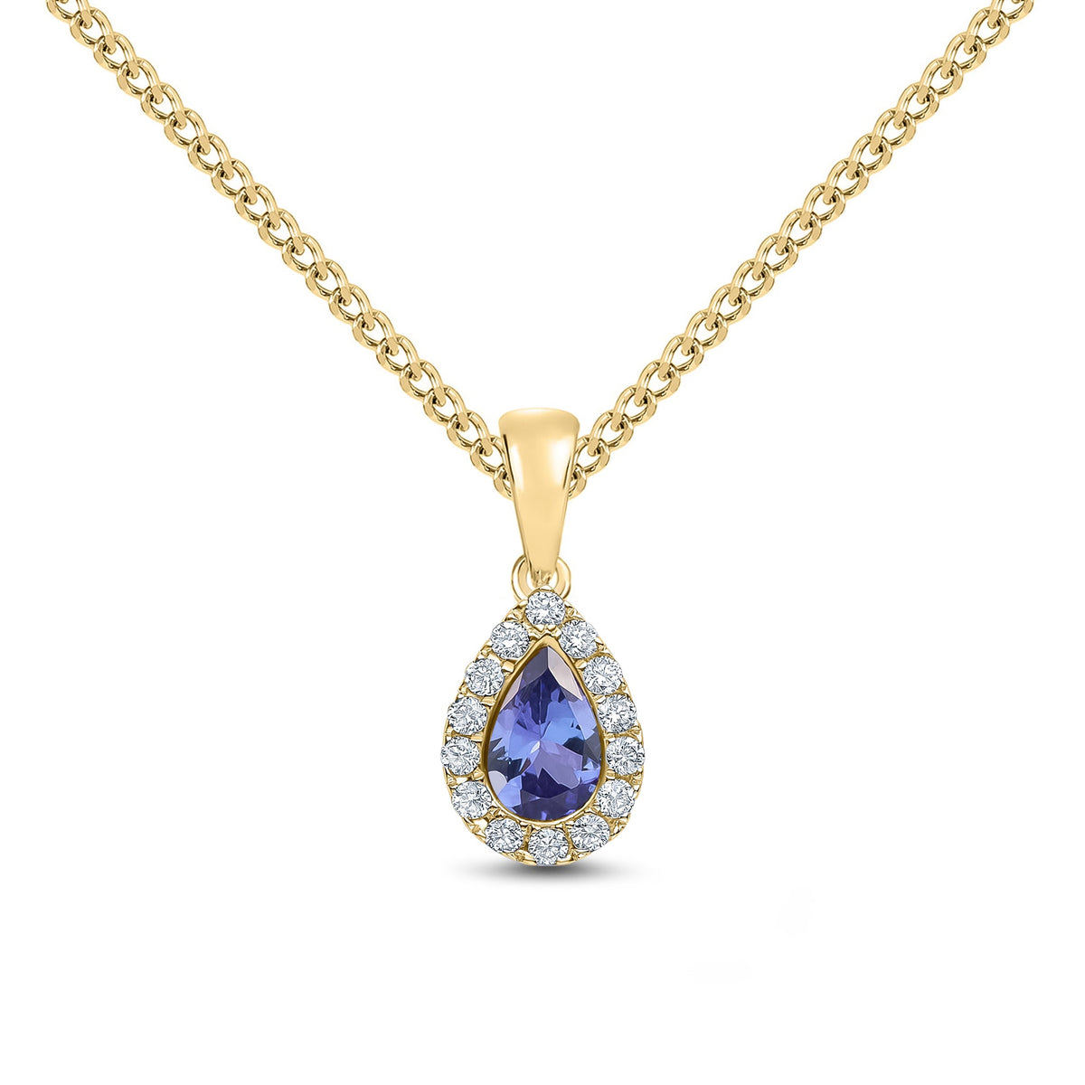 18ct Yellow Gold Pear Shaped Natural Tanzanite & Diamond Microset Cluster Pendant — 6x4mm
