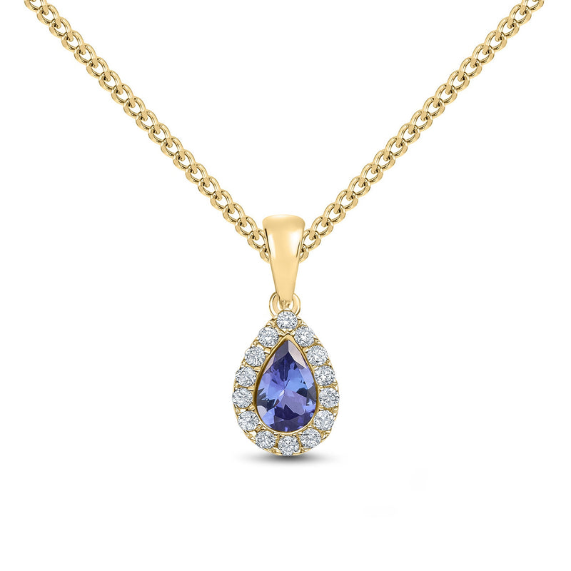 18ct Yellow Gold Pear Shaped Natural Tanzanite & Diamond Microset Cluster Pendant — 6x4mm