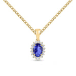 18ct Yellow Gold Oval Natural Tanzanite & Diamond Claw Set Cluster Pendant — 6x4mm