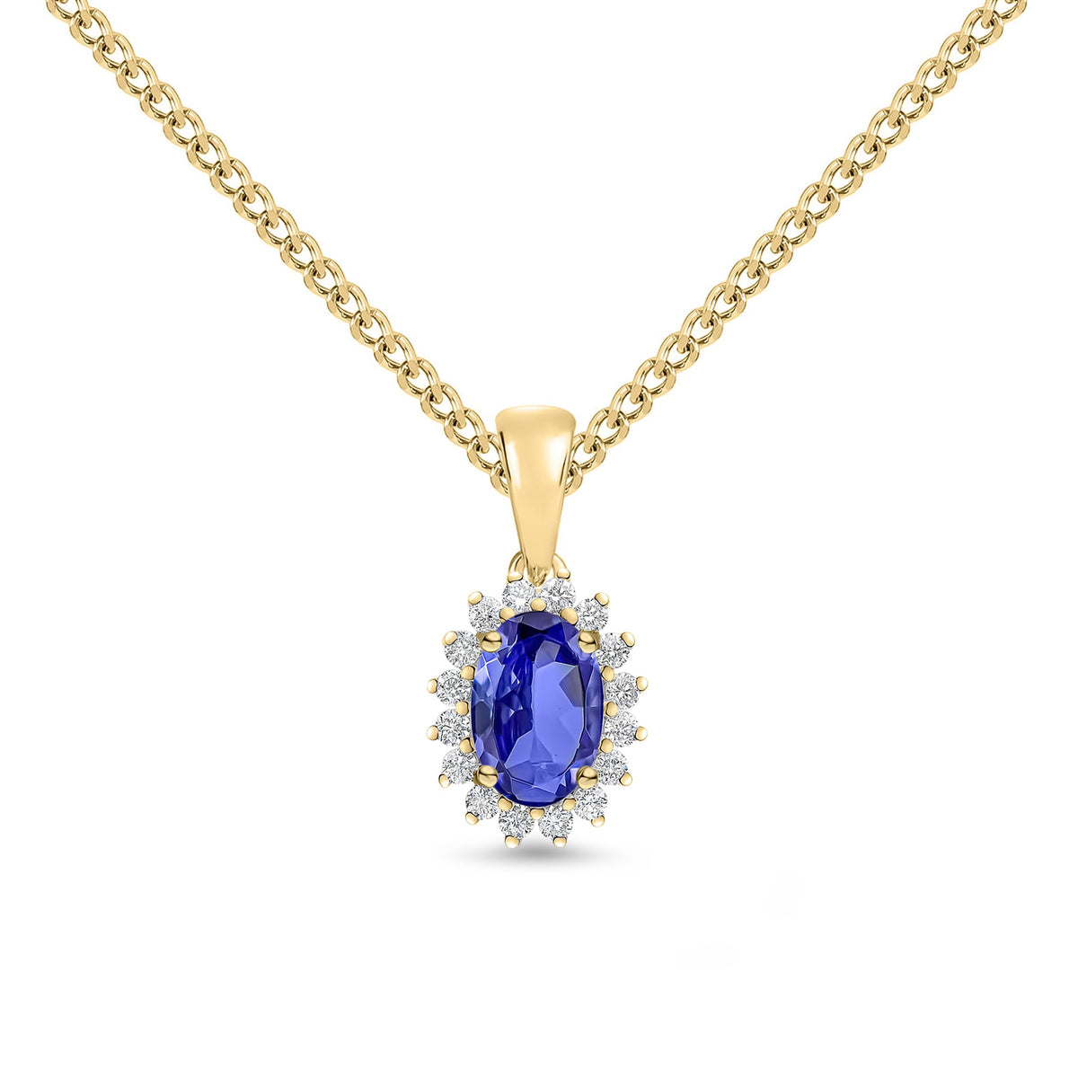 18ct Yellow Gold Oval Natural Tanzanite & Diamond Claw Set Cluster Pendant — 6x4mm