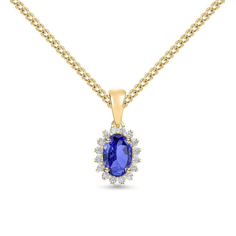 18ct Yellow Gold Oval Natural Tanzanite & Diamond Claw Set Cluster Pendant — 6x4mm