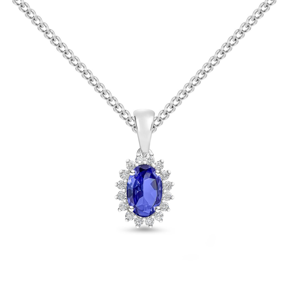 18ct White Gold Oval Natural Tanzanite & Diamond Claw Set Cluster Pendant — 6x4mm