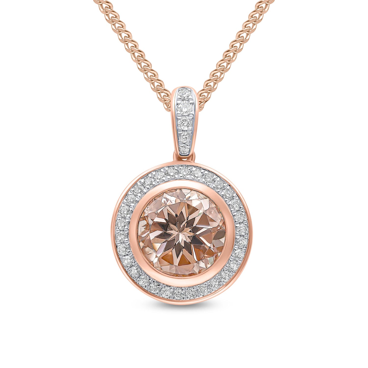 18ct Rose Gold Rubover Round Natural Morganite and Grain Set Diamond Cluster Pendant with Diamond Set Loop — 8mm