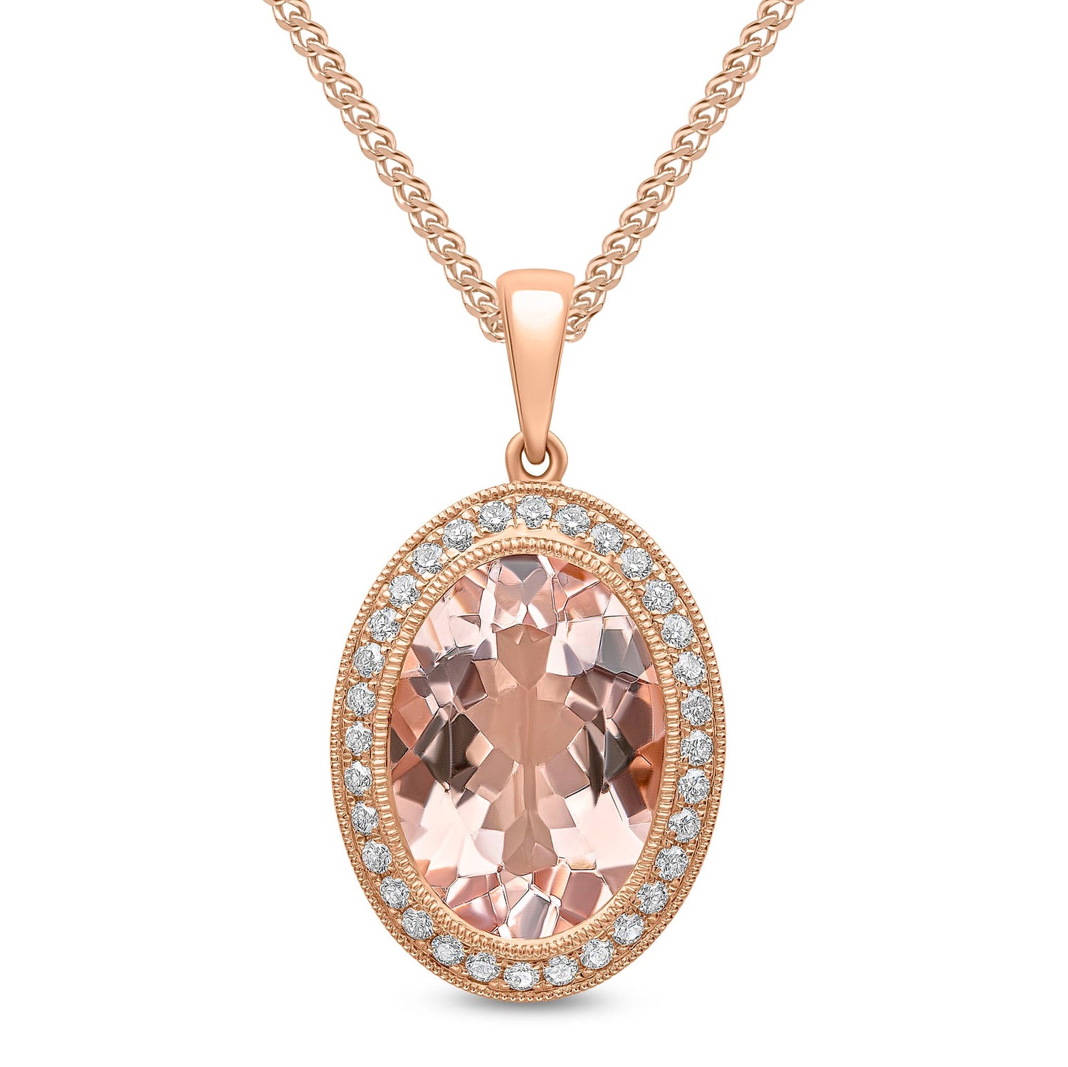 18ct Rose Gold Oval Natural Morganite and Diamond Cluster Pendant — 14x10mm