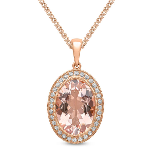 18ct Rose Gold Oval Natural Morganite and Diamond Cluster Pendant — 14x10mm