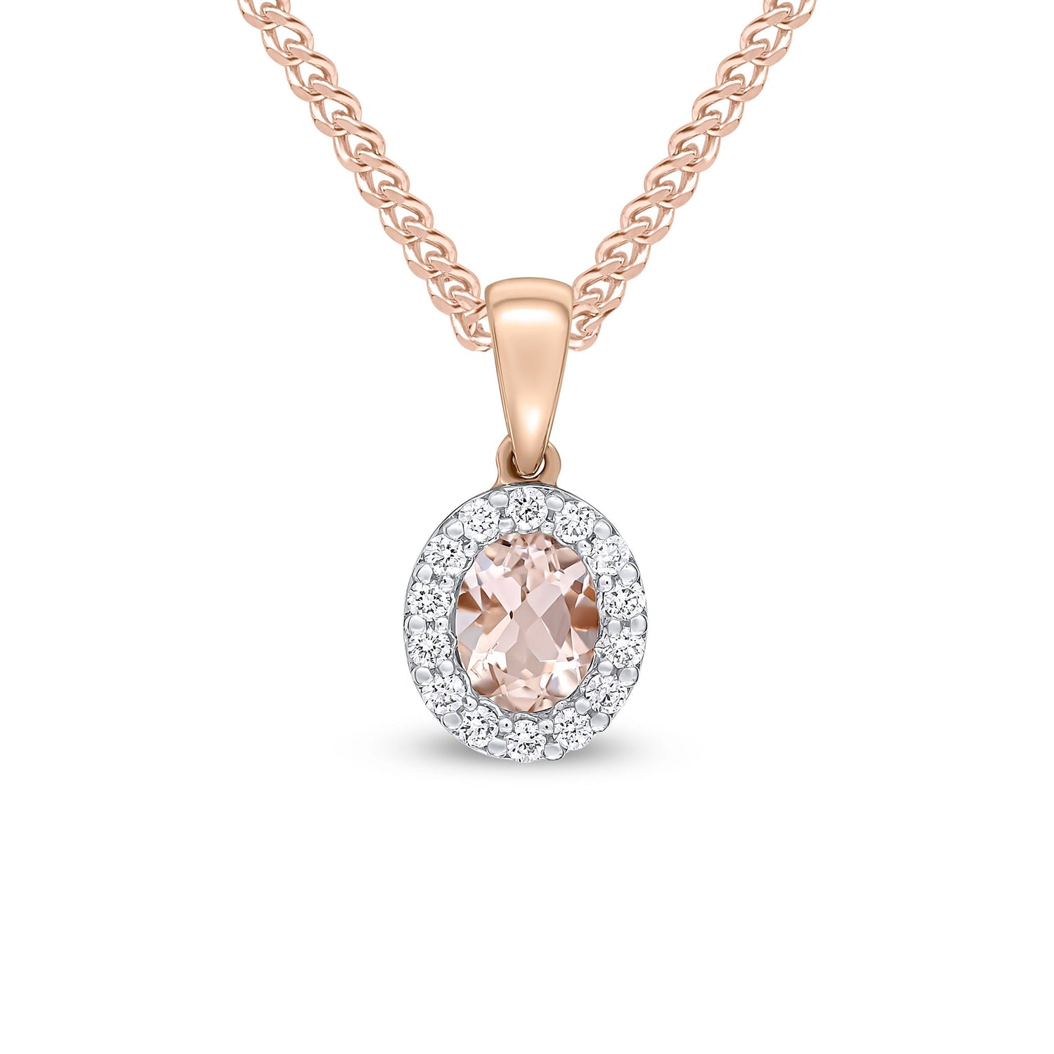18ct Rose Gold Oval Natural Morganite and  Diamond Cluster Pendant — 5x4mm
