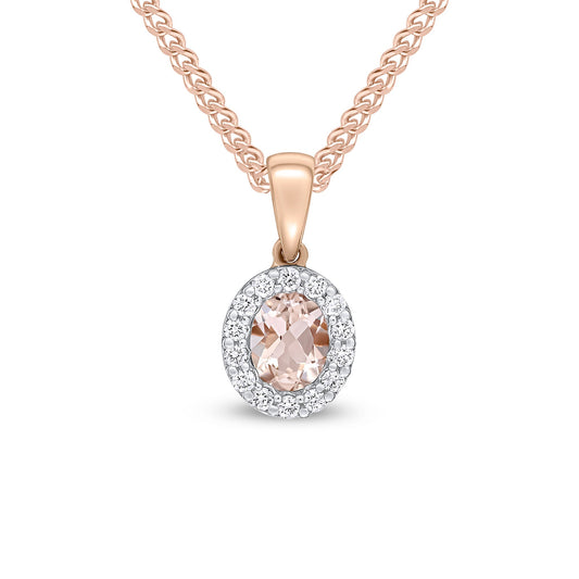 18ct Rose Gold Oval Natural Morganite and  Diamond Cluster Pendant — 5x4mm