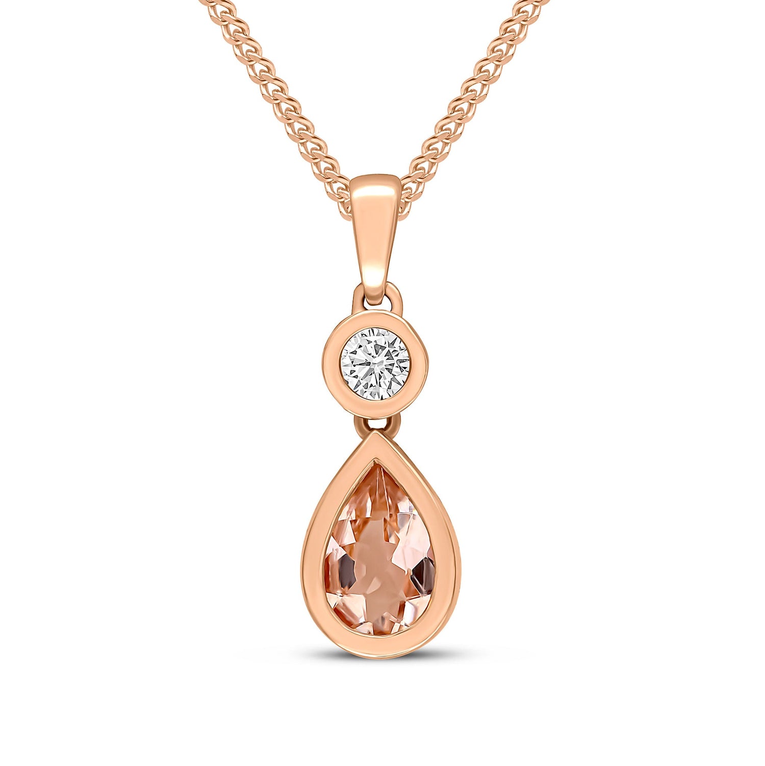 18ct Rose Gold Pear Shaped Natural Morganite and Round Diamond Two Stone Pendant — 6x4mm