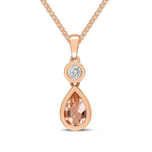 18ct Rose Gold Pear Shaped Natural Morganite and Round Diamond Two Stone Pendant — 6x4mm