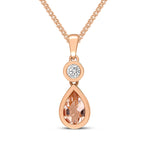 18ct Rose Gold Pear Shaped Natural Morganite & Diamond Two Stone Rubover Pendant — 6x4mm