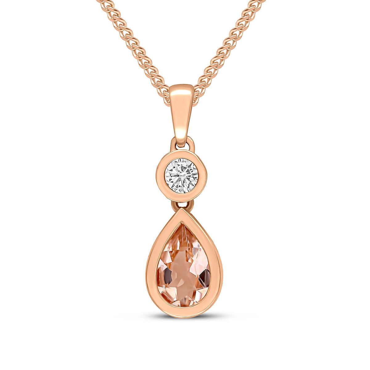 18ct Rose Gold Pear Shaped Natural Morganite & Diamond Two Stone Rubover Pendant — 6x4mm