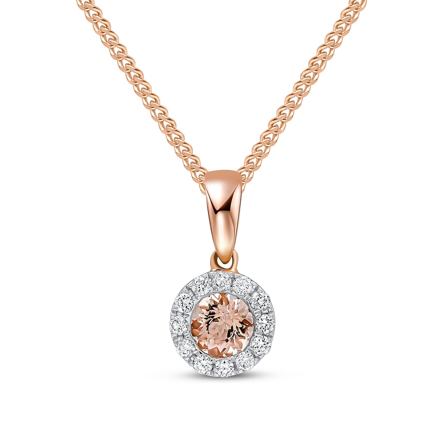 18ct Rose Gold Natural Round Morganite and Diamond Cluster Pendant — 4mm