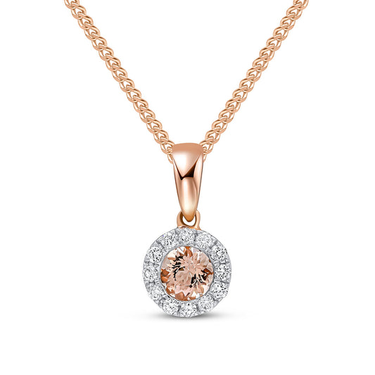 18ct Rose Gold Natural Round Morganite and Diamond Cluster Pendant — 4mm