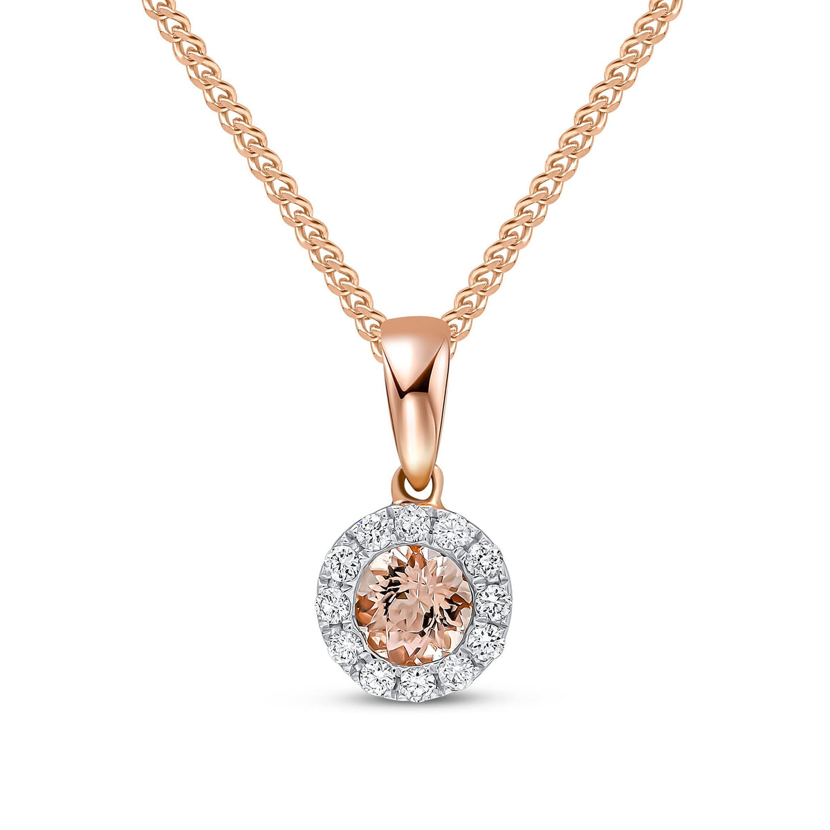 18ct Rose Gold Round Natural Morganite & Diamond Microset Cluster Pendant — 4mm