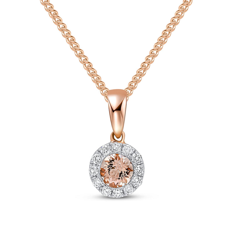 18ct Rose Gold Round Natural Morganite & Diamond Microset Cluster Pendant — 4mm