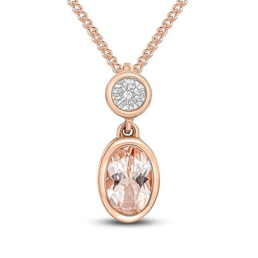 18CT Rose Gold Oval Natural Morganite and Diamond Two Stone Pendant — 6x4mm