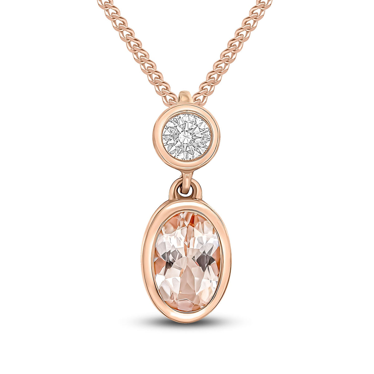 18ct Rose Gold Oval Natural Morganite & Diamond Two Stone Rubover Slider Pendant — 6x4mm