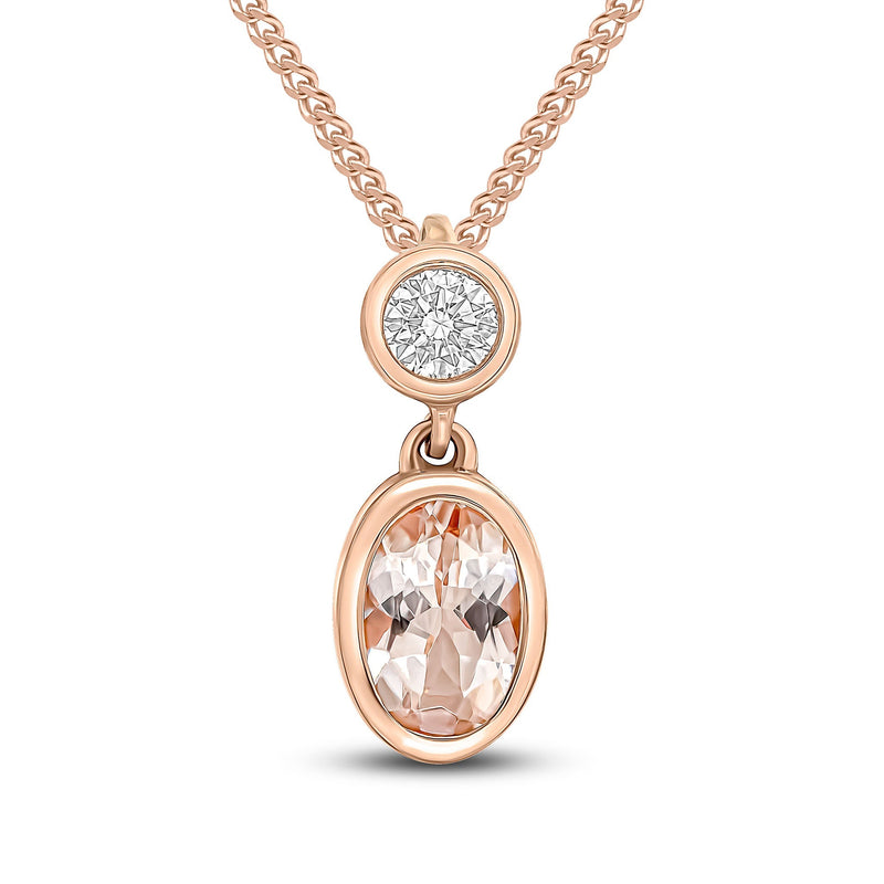 18ct Rose Gold Oval Natural Morganite & Diamond Two Stone Rubover Slider Pendant — 6x4mm