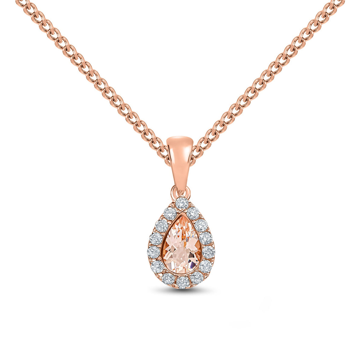 18ct Rose Gold Pear Shaped Natural Morganite & Diamond Microset Cluster Pendant — 6x4mm