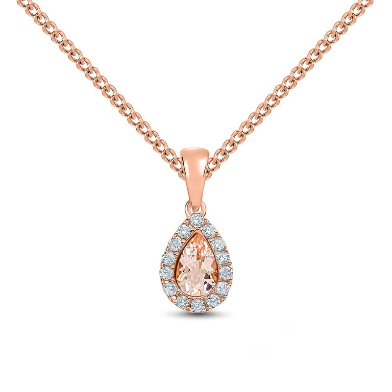 18ct Rose Gold Pear Shaped Natural Morganite & Diamond Microset Cluster Pendant — 6x4mm
