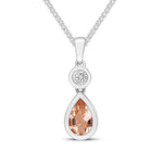 18ct White Gold Pear Shaped Natural Morganite & Diamond Two Stone Rubover Pendant — 6x4mm