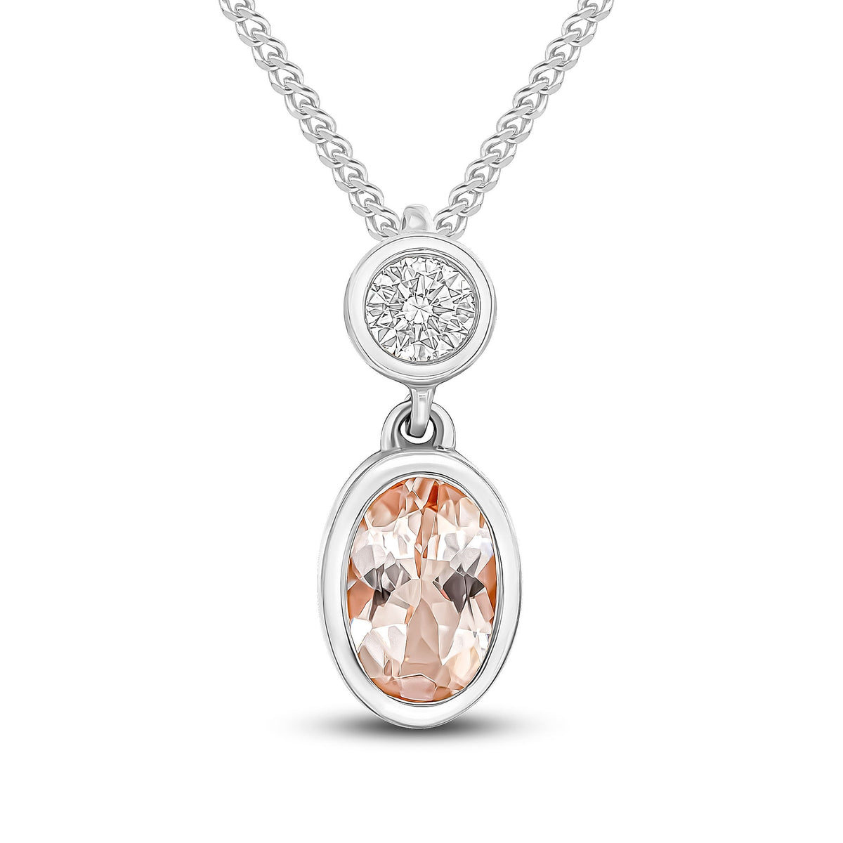 18ct White Gold Oval Natural Morganite & Diamond Two Stone Rubover Slider Pendant — 6x4mm