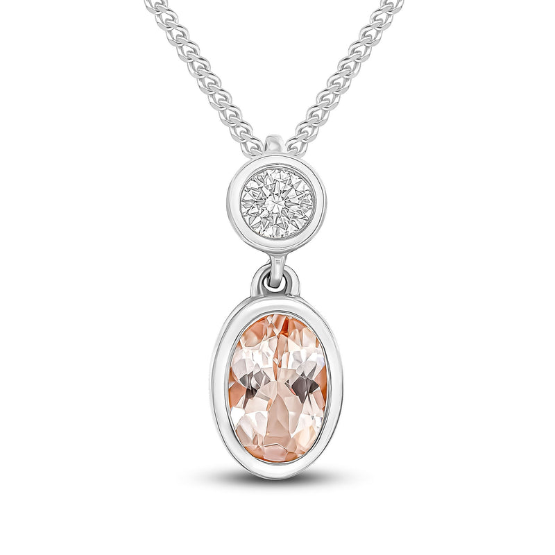 18ct White Gold Oval Natural Morganite & Diamond Two Stone Rubover Slider Pendant — 6x4mm