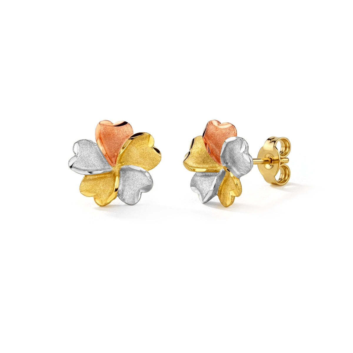 9ct Three Tone Yellow, White and Rose Gold Satin and Polished Five Petal Flower Stud Earrings — 12mm