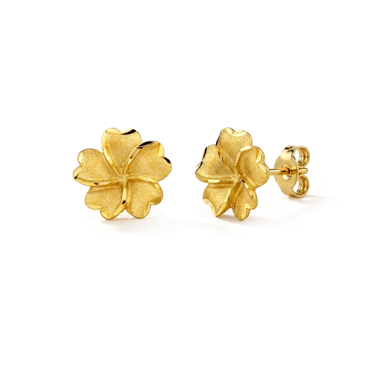9ct Yellow Gold Satin and Polished Five Petal Flower Stud Earrings — 12mm