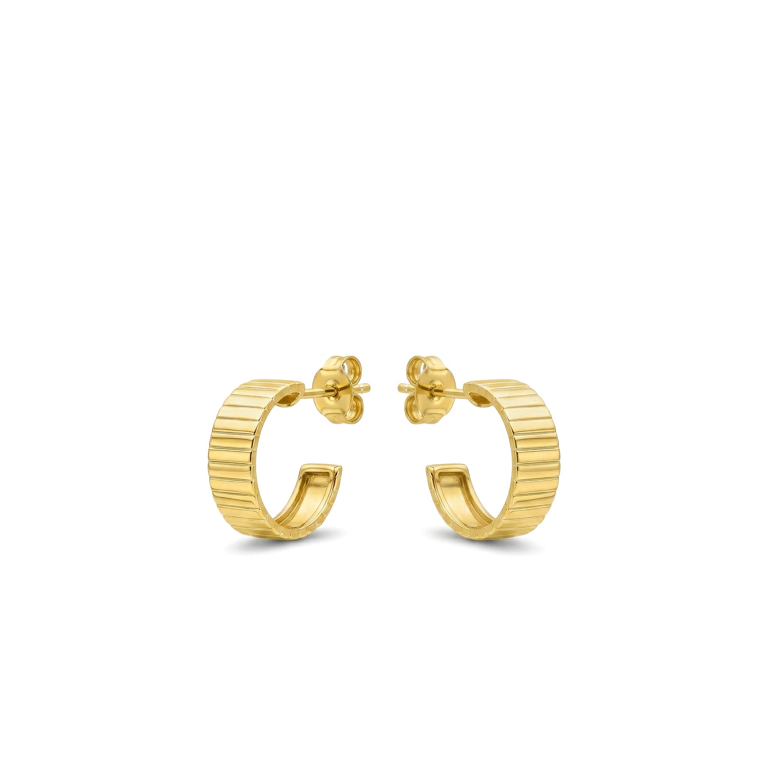 9ct Yellow Gold Ribbed Flat Half Hoop Earrings with Peg and Scroll Fittings