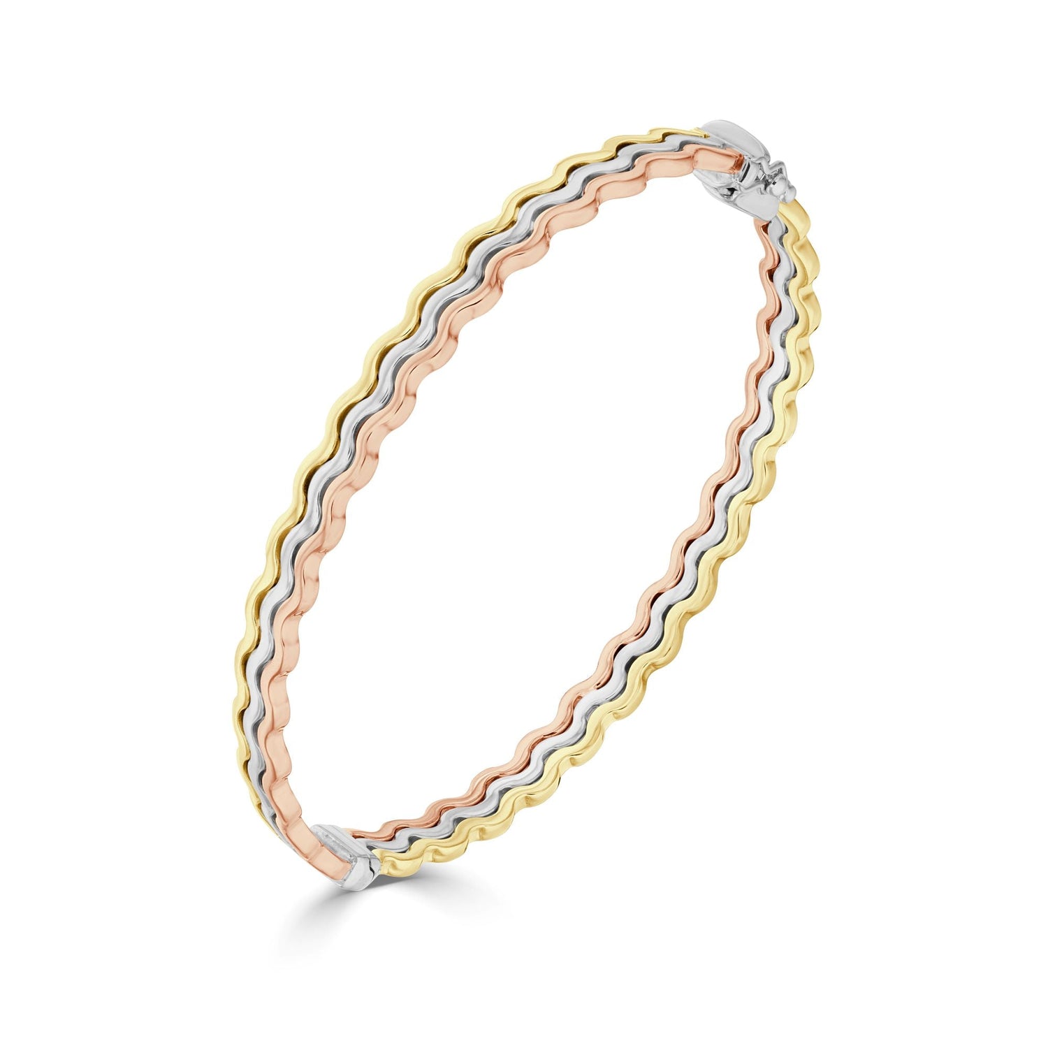 9ct Three Colour Gold Three Row Wavy Hinged Hollow Bangle