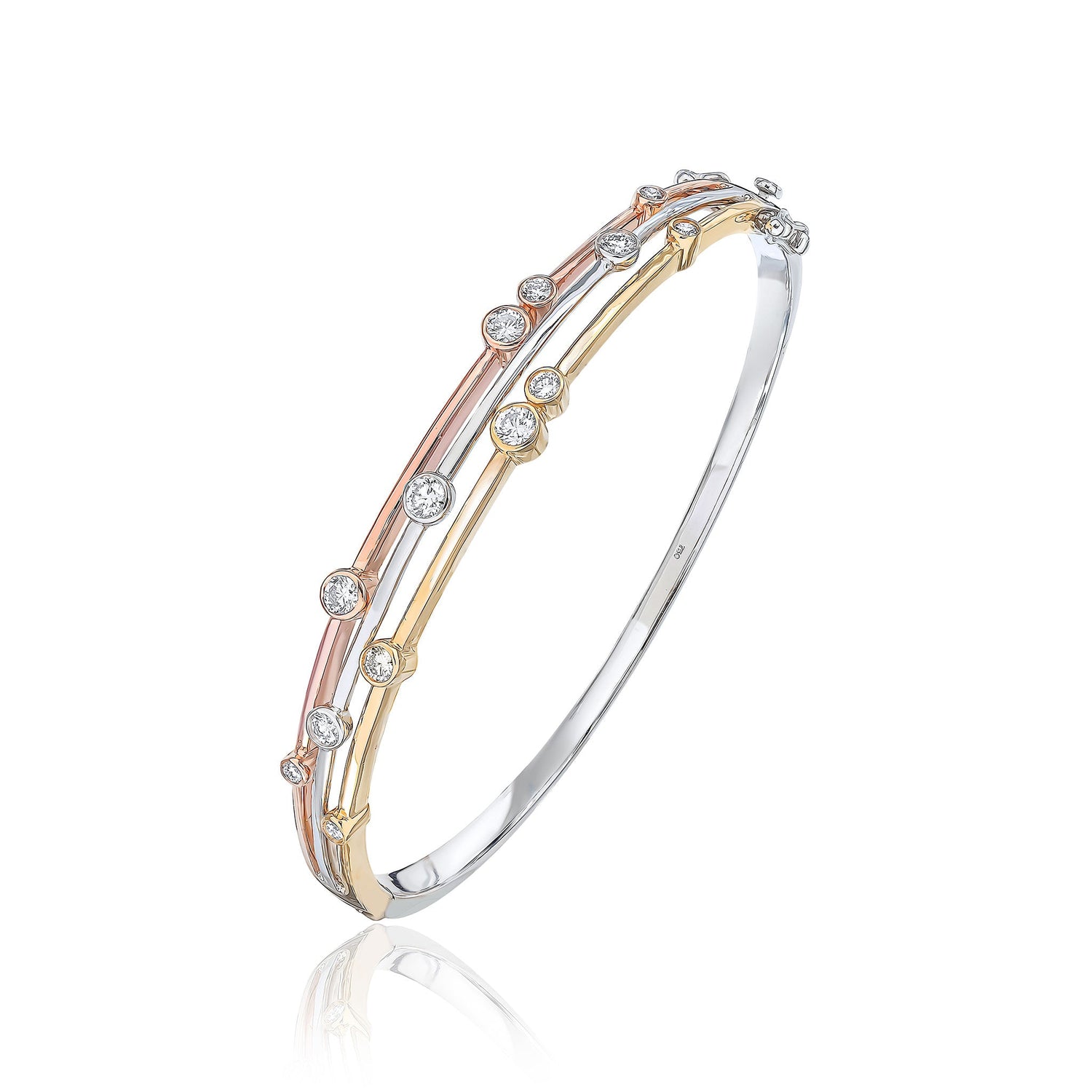 18CT Three Tone Yellow, White & Rose Gold Diamond Rubover Bangle — 1ct