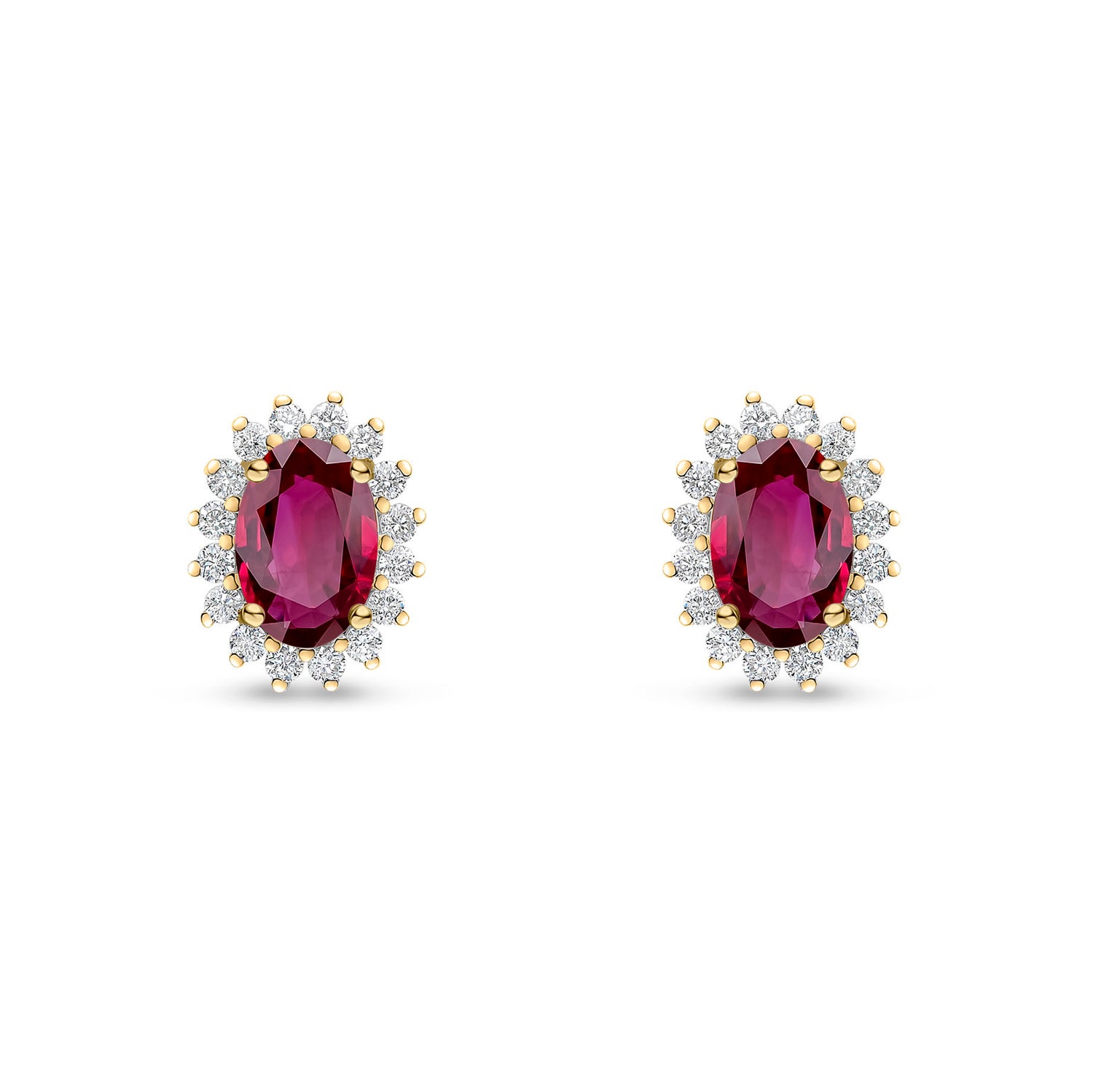 18ct Yellow Gold Oval Natural Ruby and Round Diamond Claw Set Cluster Stud Earrings — 6x4mm