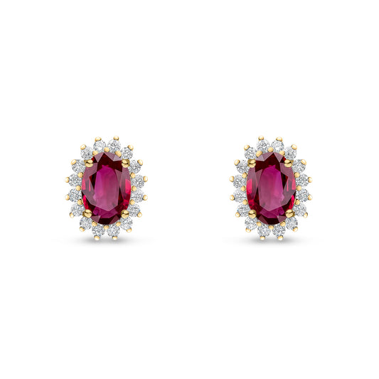 18ct Yellow Gold Oval Natural Ruby and Round Diamond Claw Set Cluster Stud Earrings — 6x4mm