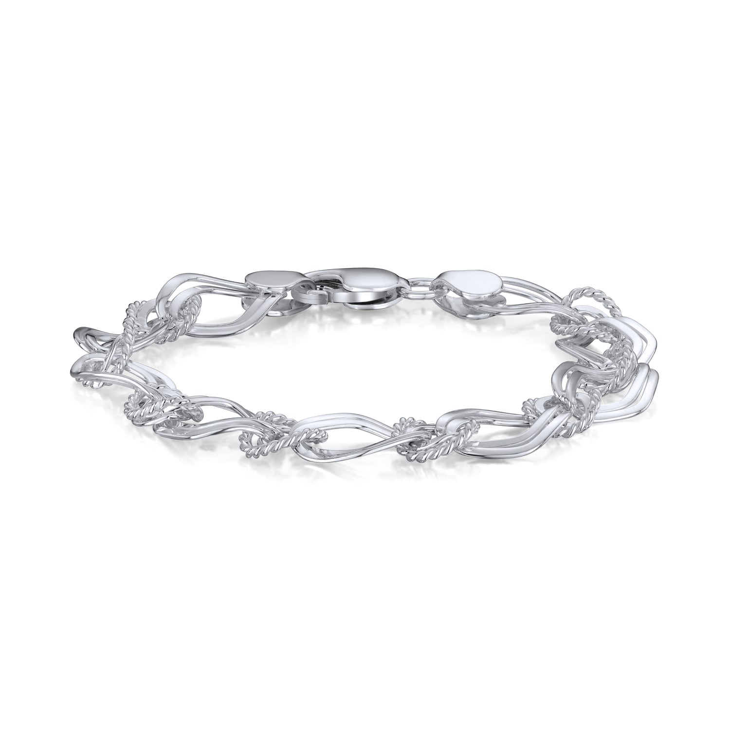 Sterling Silver Handmade Solid 13mm Double Diamond and Textured Round Link Chain Bracelet