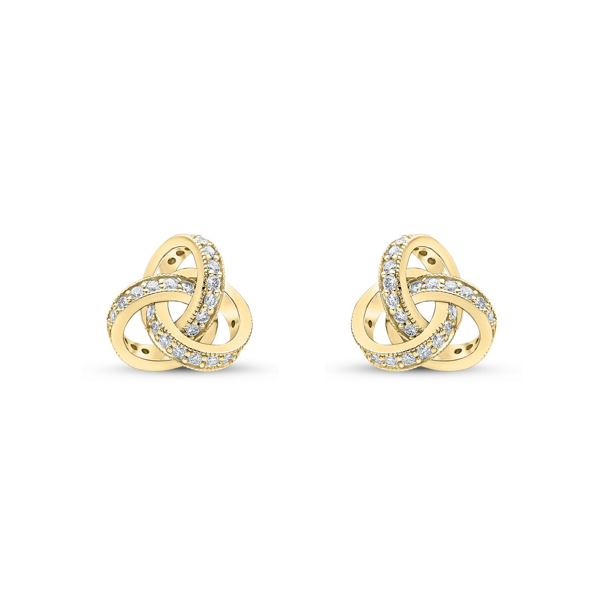 18ct Yellow Gold Round Natural Diamond Grain Set Knot Stud Earrings —10.5mm