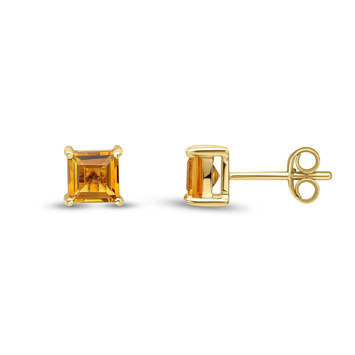 9ct Yellow Gold Square Natural Citrine Claw Stud Earrings — 5mm
