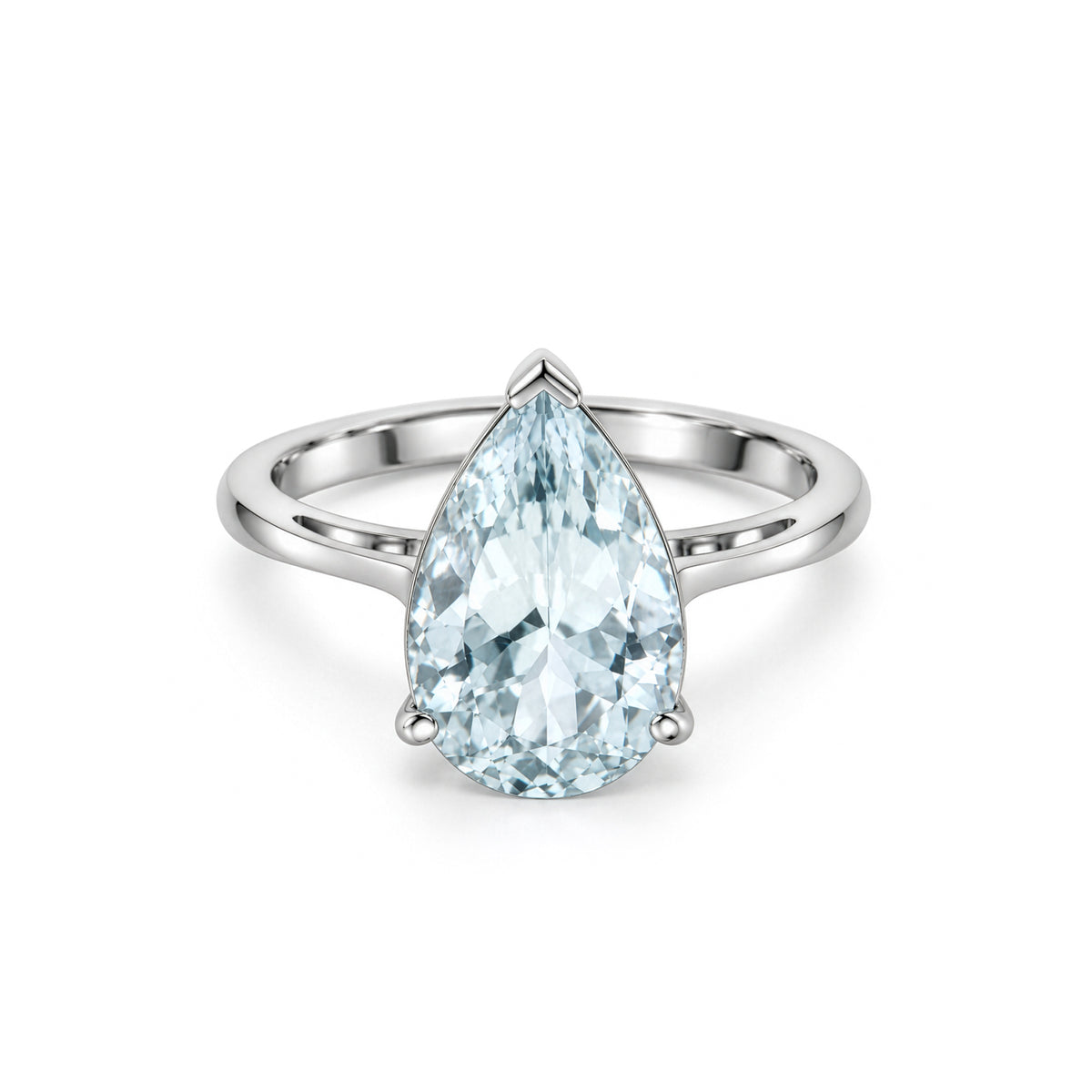 9ct White Gold Pear Shaped Natural Aquamarine Claw Single Stone Ring — 14x9mm
