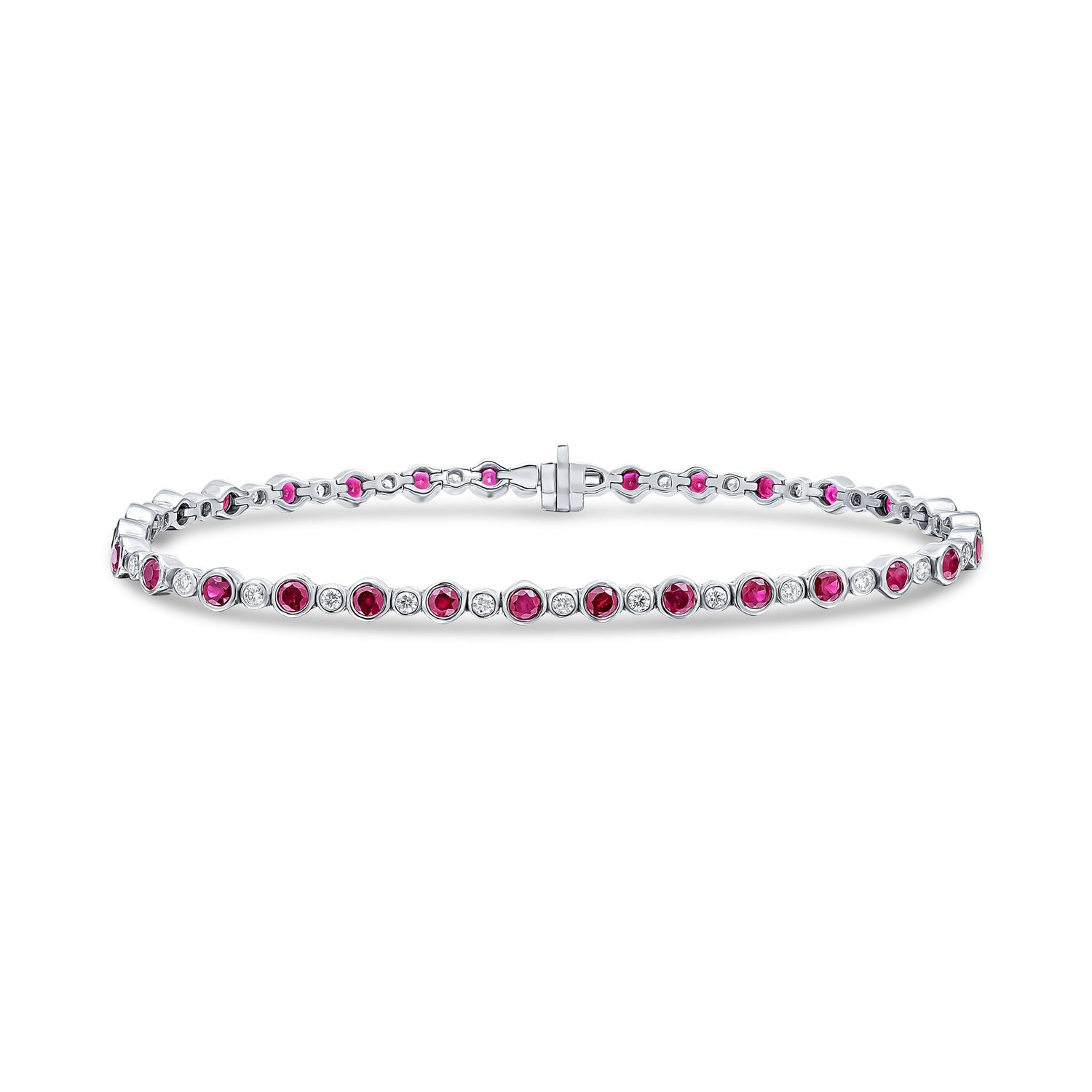 18CT White Gold Round Ruby and Diamond Line Bracelet